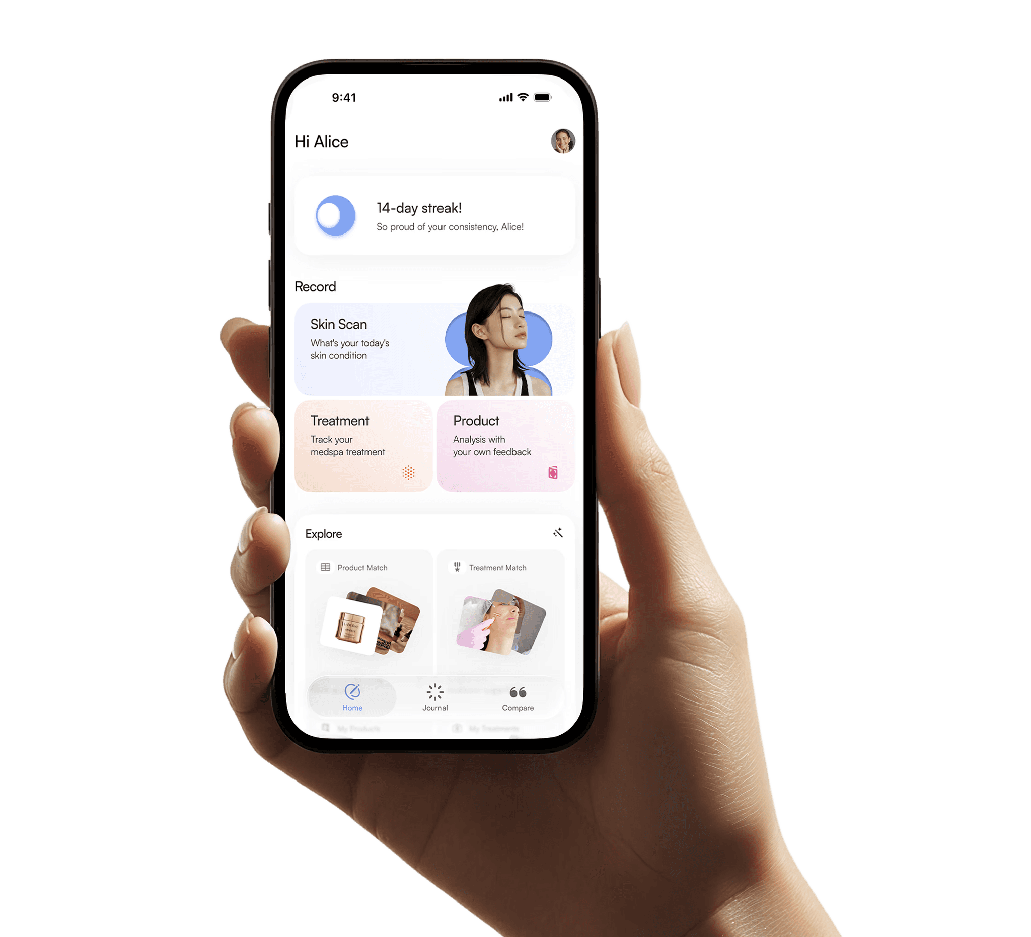The Biuty app open on an iPhone, showing a skin scan and daily streak