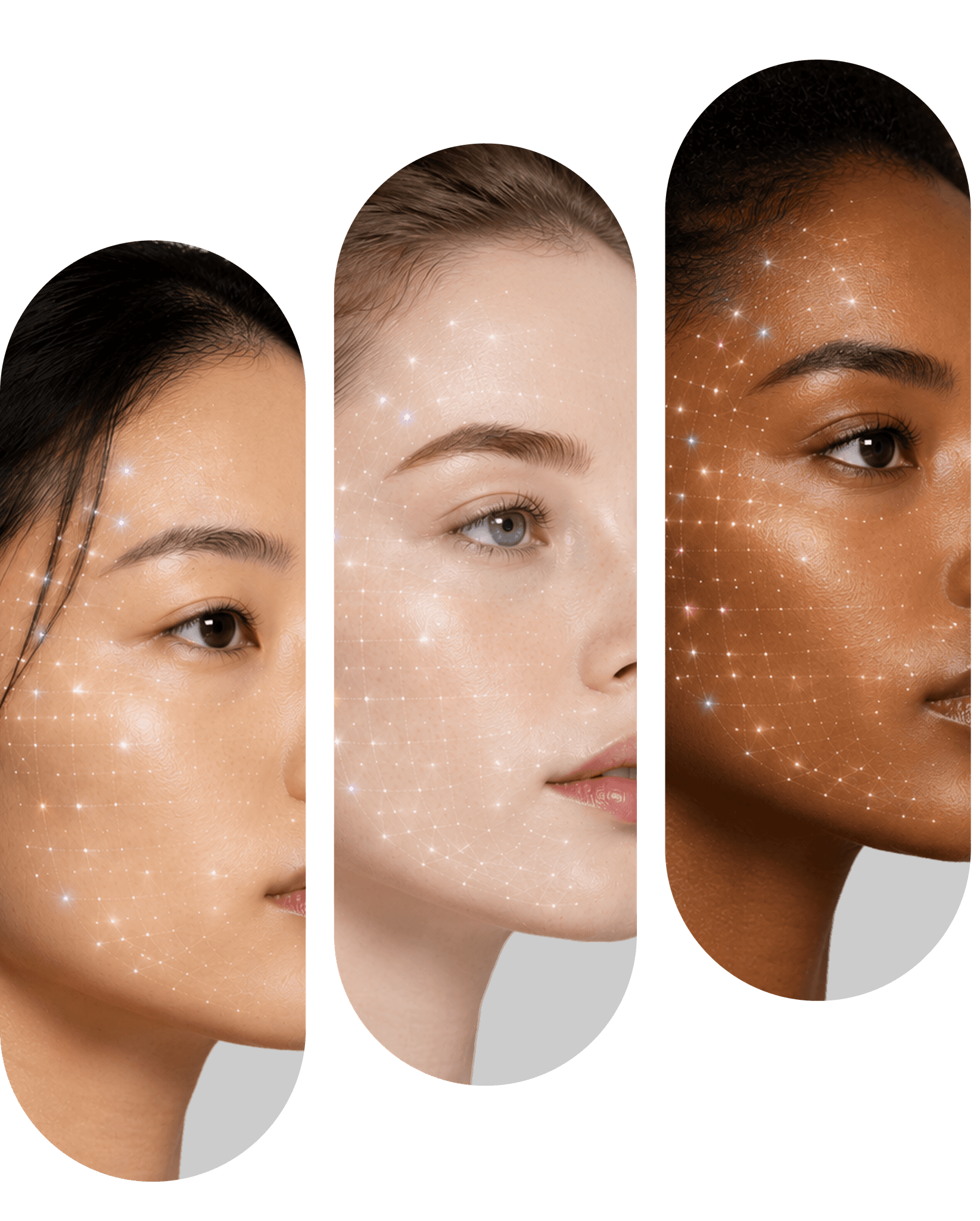 Three faces of different skin tones with AI skin analysis points